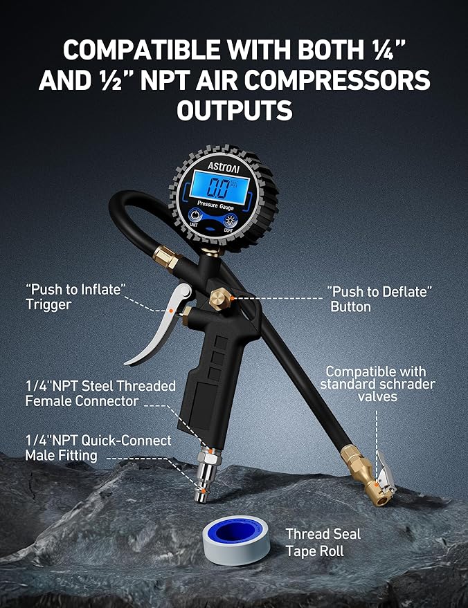 AstroAI Digital Tire Pressure Gauge with Inflator, 3-250 PSI Air Chuck & Compressor Accessories Heavy Duty with Quick Connect Coupler, 0.1 Display Resolution, 1pack