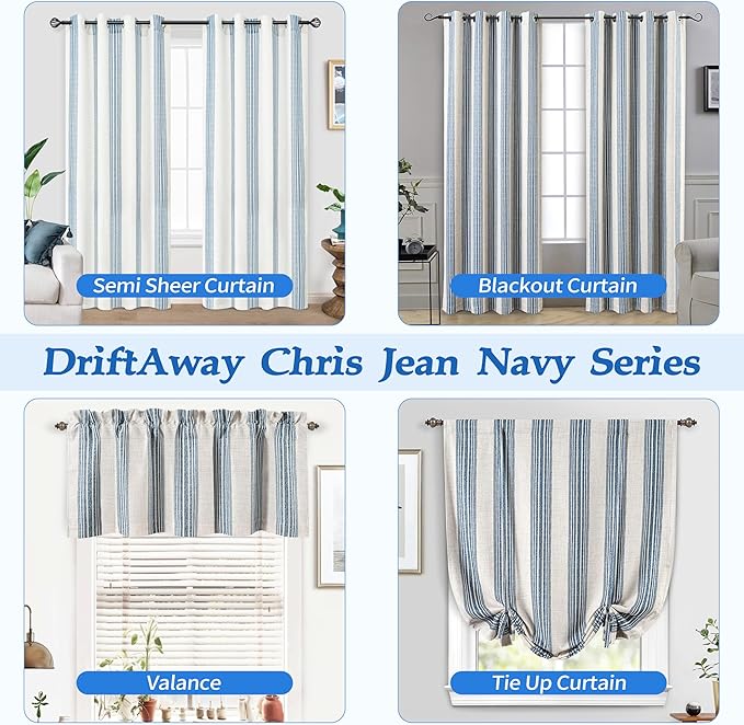 DriftAway Chris Double Layer Linen Blackout Tie Up Curtains Thermal Insulated Fully Lined Vertical Striped Balloon Roman Shade Bathroom Window Adjustable Rod Pocket 25 Inch by 47 Inch Jean Navy