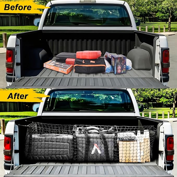 BUMBEE Heavy Duty Mesh Cargo Net 3 Pocket Trunk Bed Storage for 2005-2024 Toyota Tacoma Car, SUV, Pickup Truck Bed with Metal Carabiners Storage Bag(46x14x17Inch)