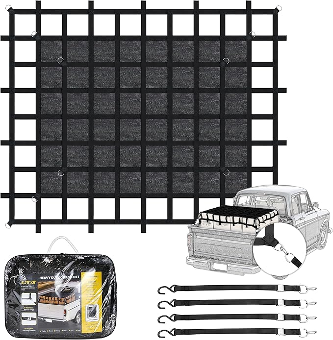6.75'×8'Cargo Net with Mesh,Basic Waterproof,Breathable,UV Protection,4 Adjustable Straps with Carabiners & S-Hooks.Cargo Net for Pickup Truck Bed is Suitable for Trailer,Pickup Truck,Boat,Jeep,SUV
