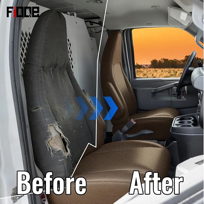 600D Heavy Duty Seat Covers for Chevy Express 1996-2025，Front Bucket Seats with Grab Handle Opening, Durable Oxford Fabric Protective Covers, Not for RV Seat-Brown