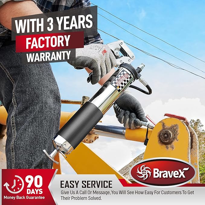 Bravex Pistol Grip Grease Gun Heavy Duty Professional 6000 PSI W/Quick Release Coupler - 18 inch Flex Hose