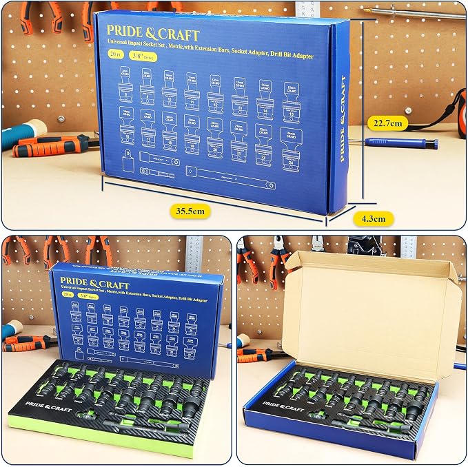PRIDE&CRAFT 3/8" Drive Universal Impact Swivel Socket Set, 20 Piece Cr-Mo Steel Air Tool Accessories for Automotive & Machinery, 6-Point Universal Joint Socket, Metric,8-24mm,with Extension Bars