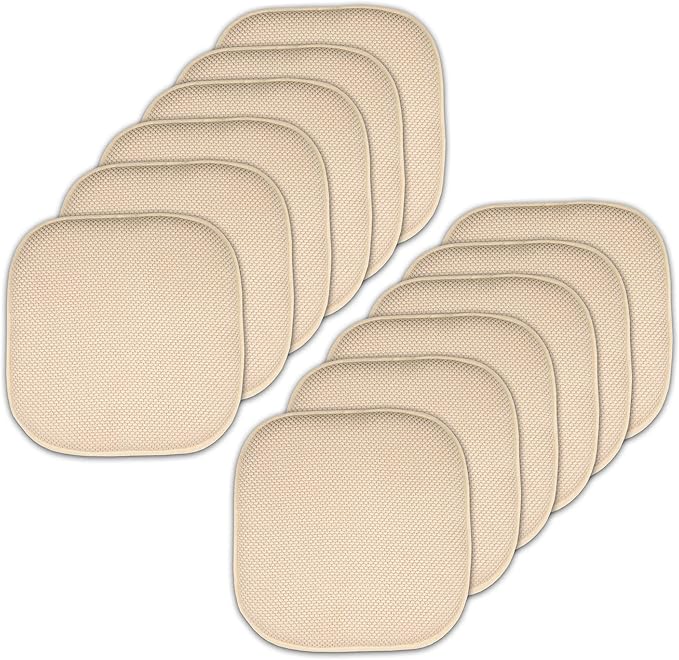 Sweet Home Collection Memory Foam Chair Cushion Honeycomb Pattern Solid Color Slip Non Skid Rubber Back Ultimate Comfort and Softness Rounded Square 16" x 16" Seat Cover, 12 Pack, Linen