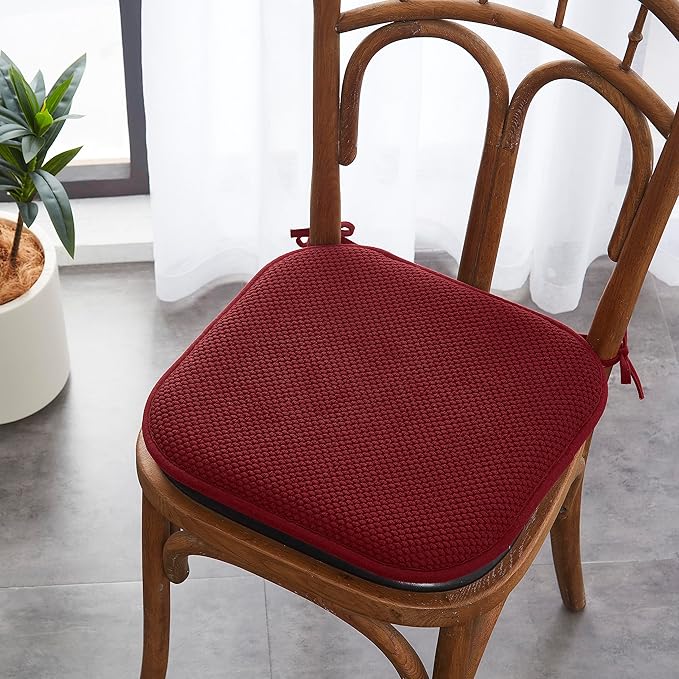 Elegant Comfort Chair Cushion Covers with Ties and Non Skid Rubber Backing-Thick Memory Foam - Soft Cushion Pad- Rounded Square Seat Cover-16 x 16 Inches-Honeycomb Textured Pattern, Set of 6, Burgundy