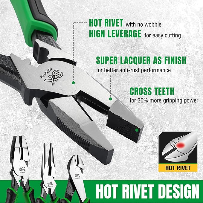 SK 5-Piece Pliers Set, 8" Long Nose, 9.5" Linesman, 8" Slip Joint, 8" Diagonal, and 10" Groove Joint, with EVA Foam Tool Organizer