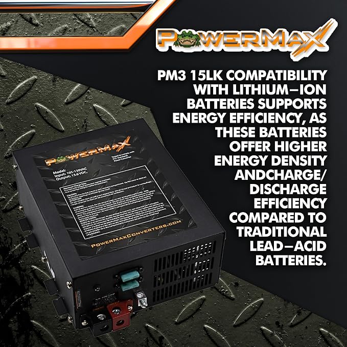 Powermax RV Converter | 15 Amp | 12V Power Converter with Built-in 4 Stage Smart Battery Charger | 110V AC to 12V | Lithium Compatible | Fully Adjustable Output from 13V to 16.5V | PM3 15LK