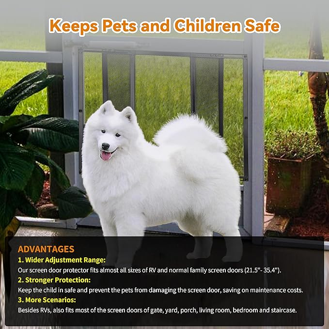 RVZONE Premium RV Screen Door Protector Adjusts from 21.5"- 35", Lightweight RV Entry Screen Door Grille Adjustable Metal Screen Defender for RV Door Camper Screen Door Protector for Dogs Kids