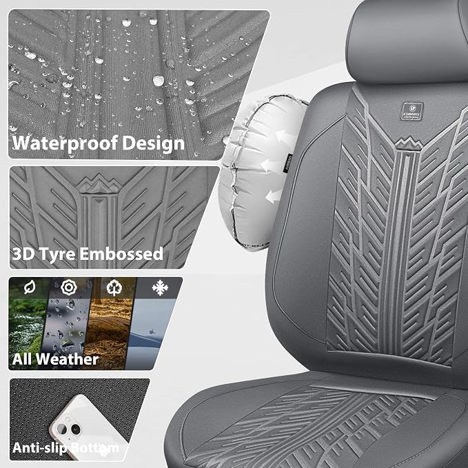 CAR PASS Waterproof Neoprene Seat Covers Full Sets, Wetsuit Car Seat Covers,All-Weather Non-Slip Durable,Universal Fit for Vans,Truck,SUV,3D Tyre Embossed Seat Covers with Airbag Compatible(All Gray)