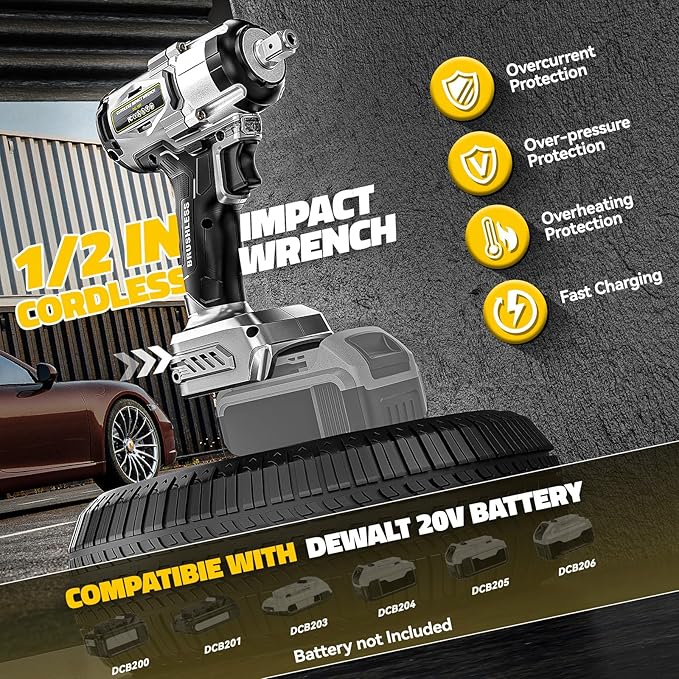 DIYtoolifz Cordless Impact Wrench 1/2" Compatible with Dewalt 20v Battery (Bare Tool), 300 FT-LBS (400 N.m) Brushless Impact Driver, Portable Electric Impact Gun with LED Work Light, 3-Speed Control
