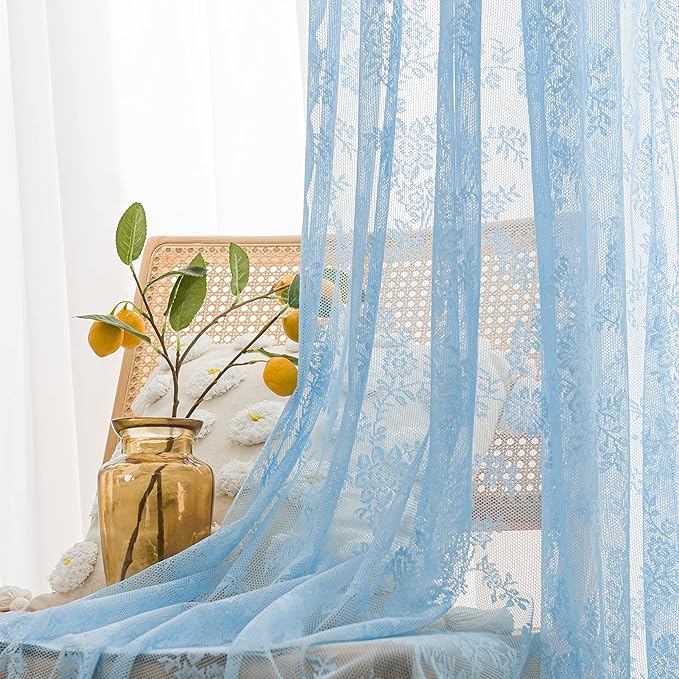 Sutuo Home Blue Lace Curtains 84 Inches Long, Set of 2 Sheer Window Curtain Panels Floral Embroidery Vintage Voile Window Panel Treatment Pair for Bedroom Living Room Kitchen Rod Pocket W57 x L84