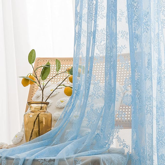 Sutuo Home Lace Curtains 72 Inches Length 2 Panels Set, Blue Sheer Window Panels Floral Embroidery Shabby Chic Vintage Voile Window Treatment Pair for Bedroom Living RoomRod Pocket W57 x L72