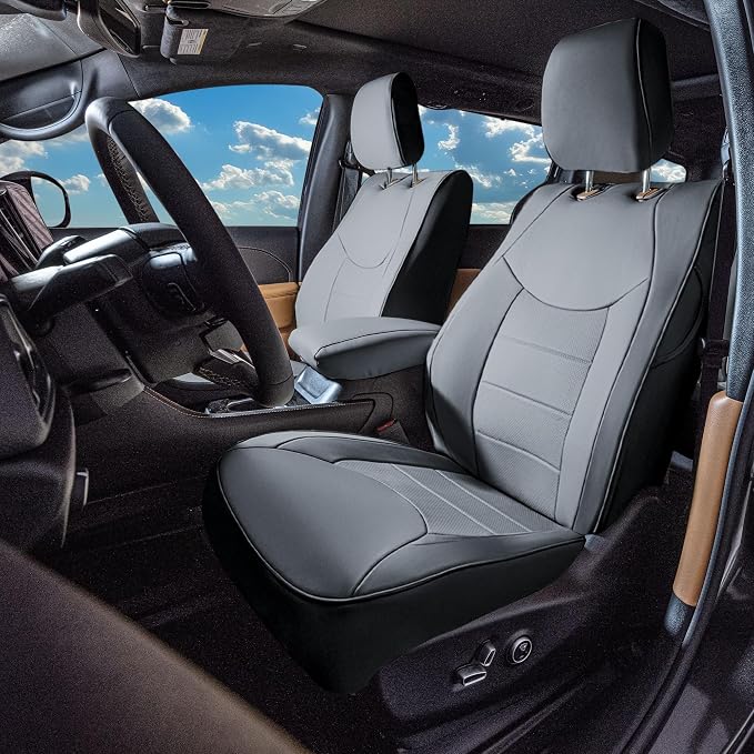 FH Group Custom Fit Car Seat Covers Specifically Made for Chrysler Pacifica 2021-2025 Front - Front Set (with DVD & Armrest), Faux Leather, Solid Gray