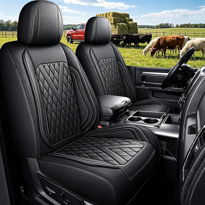 TTX for Dodge RAM 1500 2500 3500 2012-2025 2026 Seat Covers - Seat Cushion Cover with Durable Faux Leather and Curved Bench(Full Set/Black)