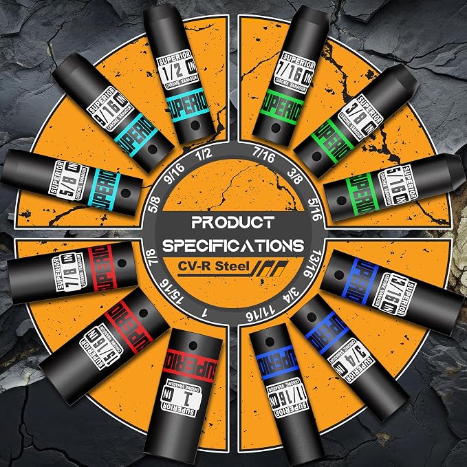 12 Piece 1/2" Drive Impact Socket Set, 3/8" - 1" Deep Socket, SAE, 6 points, CR-V Material, Cars, Motorcycles, Tire Changes