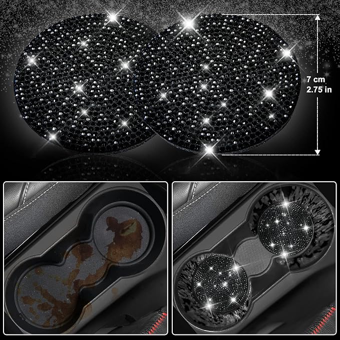 CAR PASS Diamond Bling Leather Seat Covers Set Car Floor Mats Glitter Rhinestone Steering Wheel and Car Interior Accessory Set for Women Black