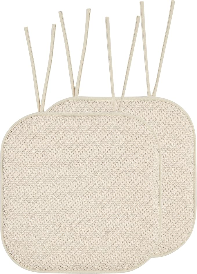 Elegant Comfort Chair Cushion Covers with Ties and Non Skid Rubber Backing-Thick Memory Foam - Soft Cushion Pad- Rounded Square Seat Cover-16 x 16 Inches- Honeycomb Textured Pattern, Set of 2, Linen