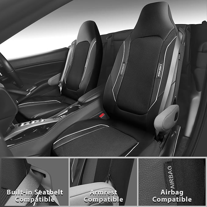 CAR PASS Sporty High Back 3D Oxford Waterproof Car Seat Cover Two Front, Bucket Carbon Fiber Leather Seat Cover, Built-in Seat Belt Armrest Compatible Fit for Sports Car SUV Sedan Truck All Black