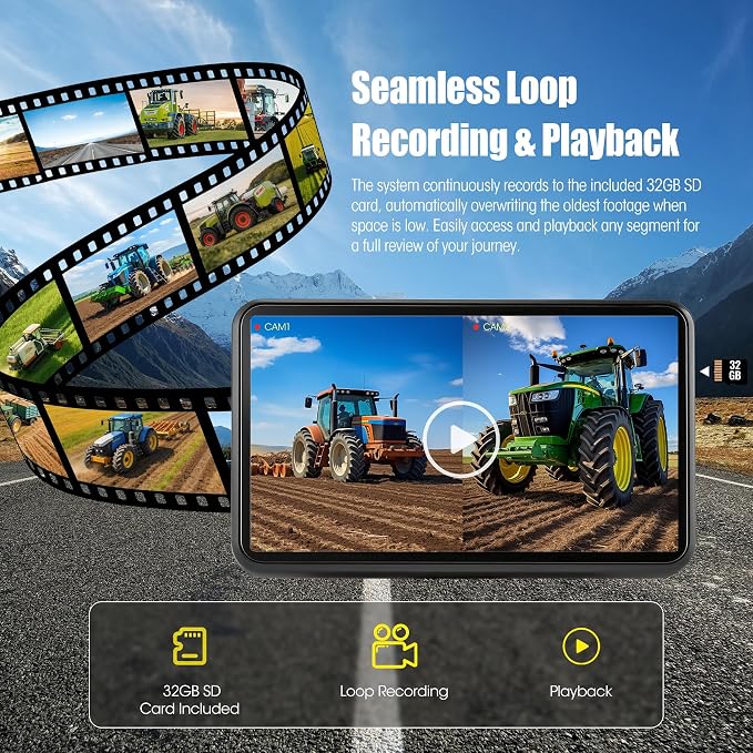 2 Wired Backup Camera System, 7" DVR IPS Touchscreen with Dual AHD IP69K Water/Dust Proof Rear Cameras, Vibration-Proof 20G for Hitching, Farm Work, UTV, Tractor, Truck, Trailer, Combine