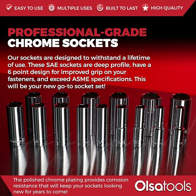 Olsa Tools SAE Deep Socket Set - 1/2-Inch Drive, 18pc - 6-Point Chrome Sockets from 3/8" to 1-1/4" and No Skipped Sizes - Mechanic Deep SAE Socket Set - Professional Grade Long Sockets - Part: 1319