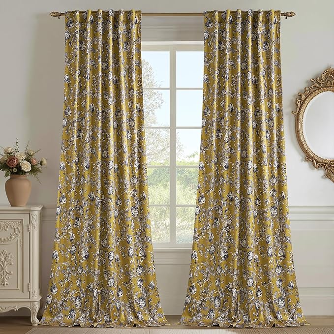 StangH Mustard Yellow Floral Velvet Curtains, Retro Classic Rose Patterned Drapes with Privacy Thermal Insulated Neoclassical Style Decor for Home Office, W52 x L96, 2 Panels