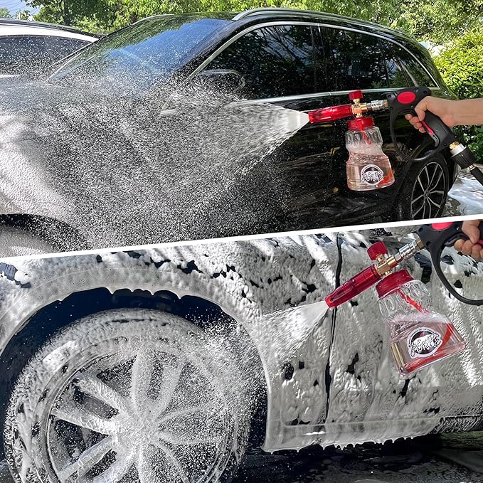 BEAR FORCE Pressure Washer Brass Foam & Foam Cannon Dual-Connector Accessory with 1/4” Quick Connector & 1.25mm & 1.10mm Orifice Nozzle, 360° Adjustable Thicker Snow Foam with 32 oz Soap Car Wash