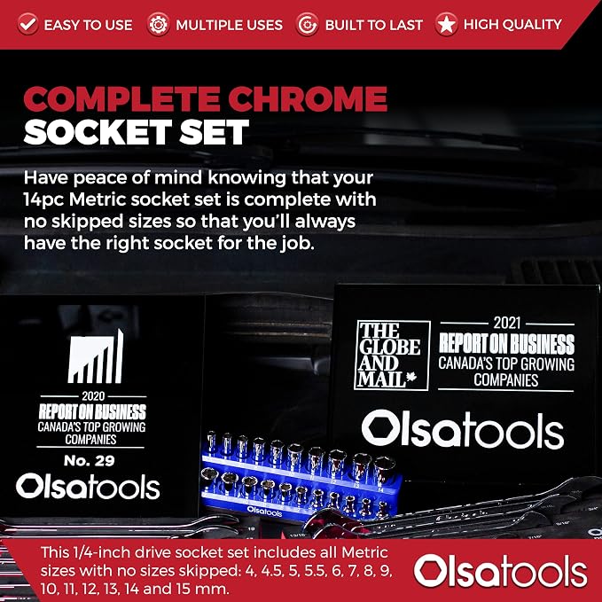 Olsa Tools Metric Shallow Socket Set - 1/4-Inch Drive, 14pc - 6-Point Chrome Sockets from 4mm–15mm and No Skipped Sizes - Mechanic Shallow Metric Socket Set - Professional Grade Sockets - Part: 1328