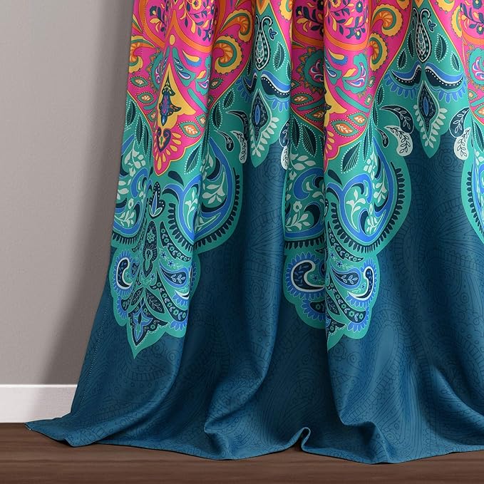 Lush Decor Boho Chic Light Filtering Window Curtain Panel Pair, 84" x 52" + 2" Header, Turquoise and Navy, 84 in x 52 in, Turquoise & Navy
