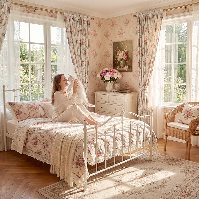 StangH Cottagecore Floral Printed Velvet Curtains, Cream Vintage Rose and Bow Knot Patterned Drapes French Country Romantic Home Decor for Bedroom Nursery, W52 x L96, 2 Panels