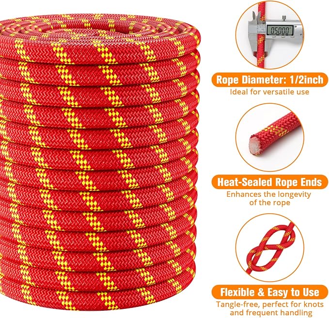 Double Braided Arborist Rigging Rope - 1/2 in X 150 ft 48 Strands Rappelling Outdoor Pulling Heavy Duty Polyester Bull Rope for Swing Tree Work Camping Rescue Hiking - Red