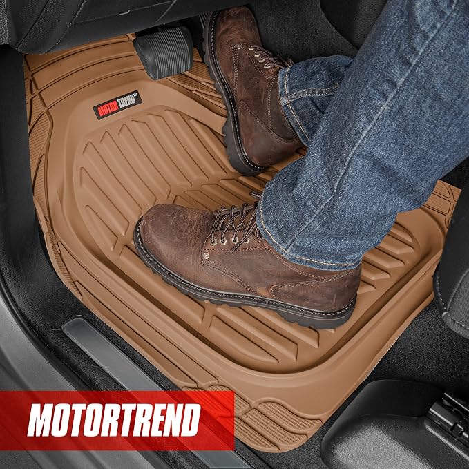 Motor Trend FlexTough Tortoise Rubber Car Floor Mats with Trunk Mat Cargo Liner, Front & Rear Combo Set fits Most Car SUV Van Coupe Sedan, Heavy Duty All Weather Trim to Fit Beige