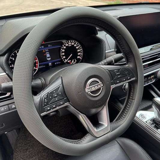 PINCTROT D Shaped Nappa Leather Steering Wheel Cover, Slim Fit No Bulk Design, One Piece Leather with Breathable Perforation, Fit Like Gloves, Flat Bottom 14.5-15 Inch(Nappa Dark Gray)