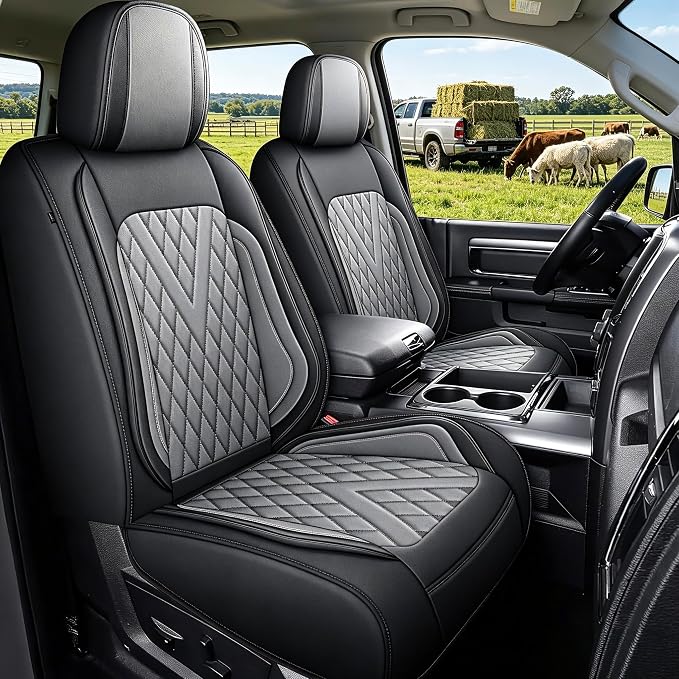 TTX for Dodge RAM 1500 2500 3500 2012-2025 2026 Seat Covers - Seat Cushion Cover with Durable Faux Leather and Curved Bench(Full Set/Black&Dark Grey)