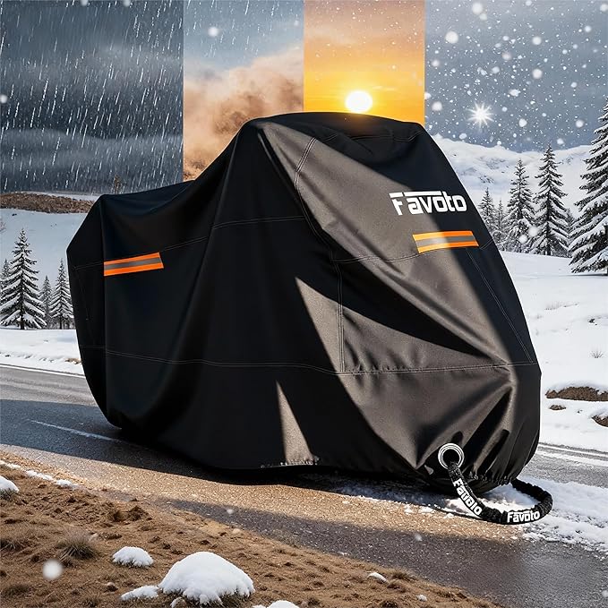 Favoto Motorcycle Cover Waterproof All Weather Universal Fits up to 108 inches Motorcycles with 3 Night Reflectors Lock-Hole Carrying Bag, Windproof Dustproof Sun Outdoor Protection