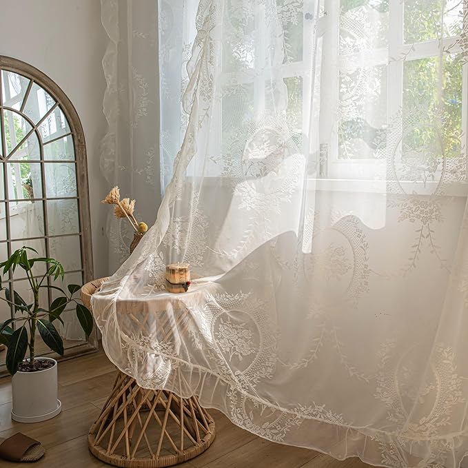 Sutuo Home Ivory Lace Curtains 108 Inches Long 2 Panels for Bedroom Living Room, Vintage Embroidered Floral Rose Sheer Curtains, Privacy Shabby Chic Windows Treatment Pair, Rod Pocket, W57 x L108