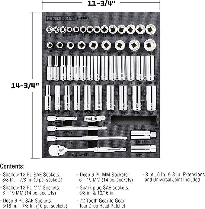 Powerbuilt Socket and Ratchet Tool Set, Extension Bars, Deep and Shallow Sockets, Organizer Tray, Pro Tech Series - 949005, 3/8-Inch, Silver, 54 Piece