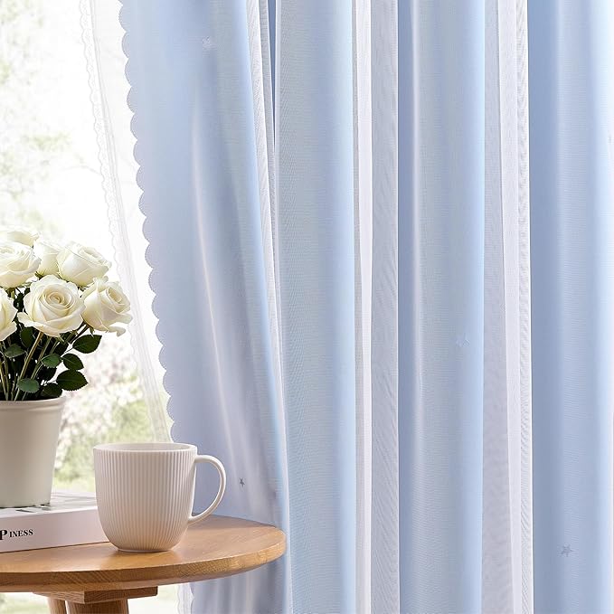 XiDi Sky Blue Blackout Curtains with Sheer Overlay Mix and Match Double Layer Thermal Insulated Window Panels 90 inch for Living Room Bedroom Blue Drapes with Tiebacks Grommet Top 34" Wx90 Lx2