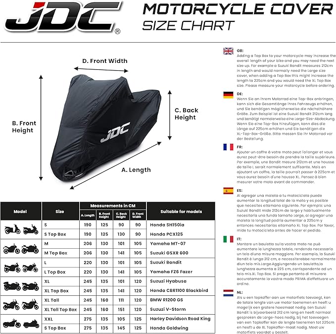 JDC Motorcycle 100% Waterproof Cover - Ultimate RAIN (Heavy Duty, Soft Lining, Heat Resistant Panels, Taped Seams) - M