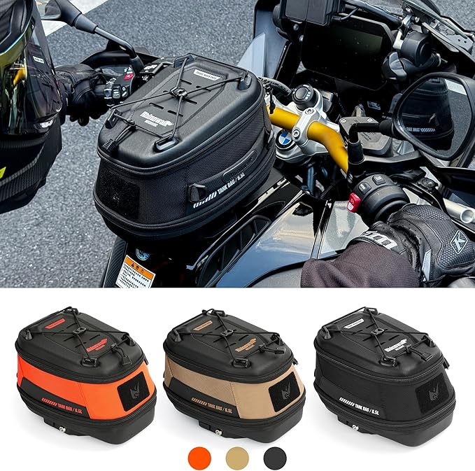 Motorcycle Tank Bag Magnetic Quick Release 5–6.5L Expandable Motorbike Fuel Tank Bag with Lock, Waterproof Storage Backpack with Rain Cover (Orange)