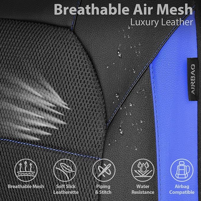 CAR PASS Leather Car Seat Covers Front Seats Only, with Air Mesh Front Seat Covers Breathable, Cool Automotive Seat Cover 2 Pack, Universal Fit Most Cars,SUV,Truck,Van Airbag Compatible(Black & Blue)