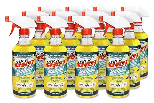 Trick Shot Marine Grade Lubricant & Penetrating Oil - Biodegradable Food Grade Rust Prevention Spray, Anti-Seize, Cleaner, Lubricant, Boat Galleys, Fiberglass, Fishing Gear Lubrication - 16 oz, 12Pk