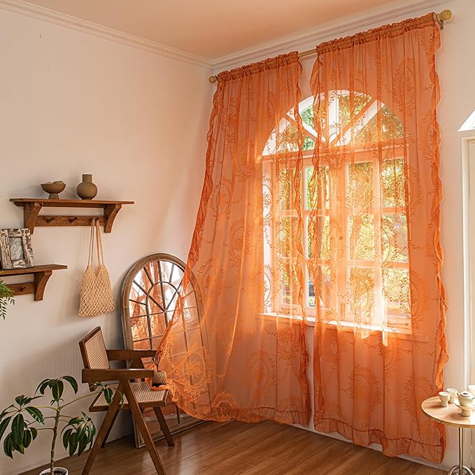 Sutuo Home Lace Curtains for Bedroom Living Room 90 Inches Long 2 Panels, Boho Sheer Rose Floral Embroidery Ruffled Vintage Window Treatment Pair Halloween Decor, Rod Pocket, W57 x L90,Burnt Orange