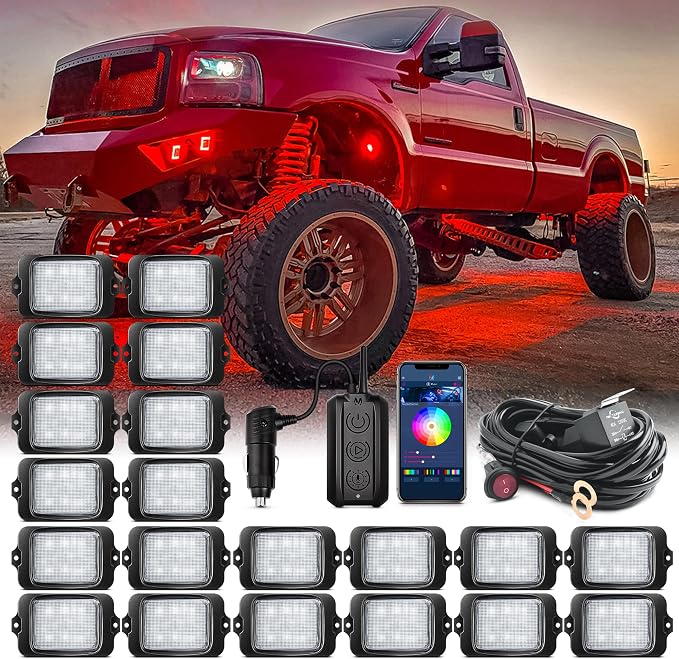 MICTUNING C3 RGBW Rock Lights 20 Pods with Wiring Switch Kit | Expandable to 32 pods, MagicLink APP Control, 160° Wide Beam, IP68 Waterproof Multi-Color Neon Underglow Lights
