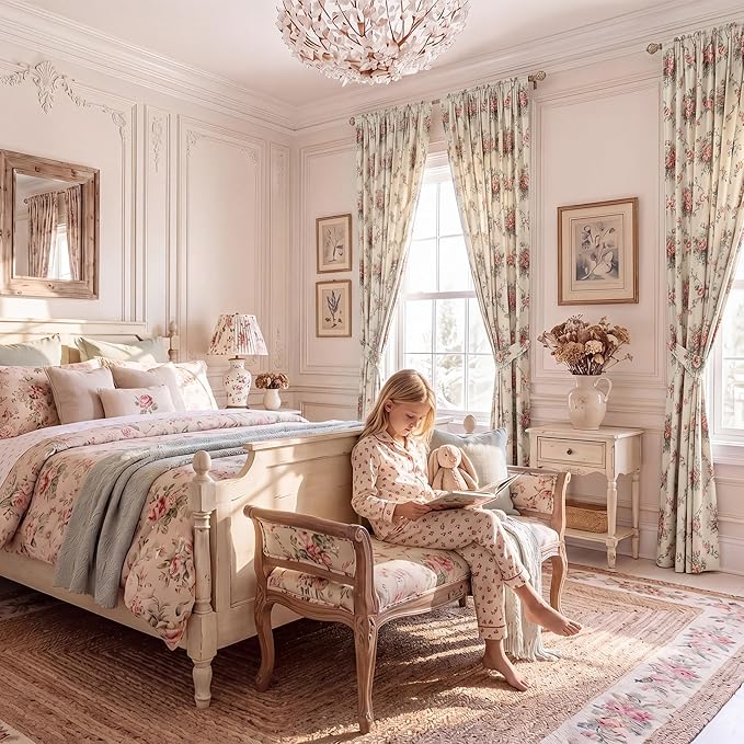 StangH Cottagecore Floral Printed Velvet Curtains, Cream Vintage Rose and Bow Knot Patterned Drapes French Country Romantic Home Decor for Bedroom Nursery, W52 x L96, 2 Panels
