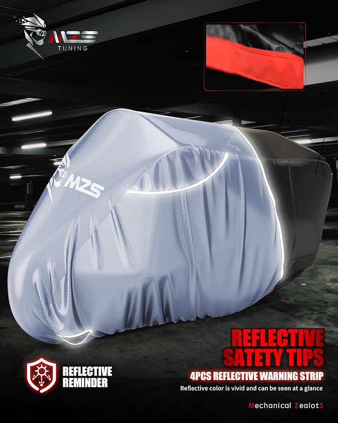 MZS Motorcycle Cover Waterproof Outdoor, Heavy Duty All Season Weather Sun Protection with Storage Bag Vents Night Reflective Cotton Lining Lock Holes fits up to 116" Motorcycles Vehicle Covers