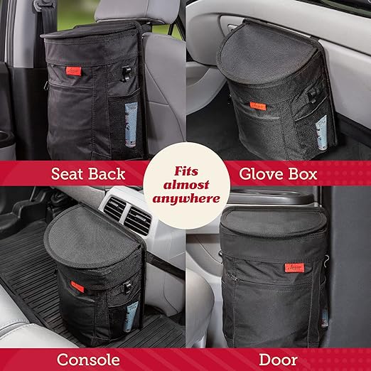 Lusso Gear Spill-Proof Car Trash Can - Easy to Clean Hanging Garbage Bin - Leak-Proof Lid, Removable Liner, Waterproof - Keeps Truck, SUV, Car, Minivan Clean & Odor Free - 2.5 Gallon Tan Car Trash Can