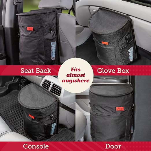 Lusso Gear Spill-Proof Car Trash Can (2.5 Gal, 2 Pack) - Easy to Clean Hanging Garbage Bin - Leak-Proof Lid, Removable Liner, Waterproof - Keeps Truck, SUV, Car, Minivan Clean & Odor Free (Black)