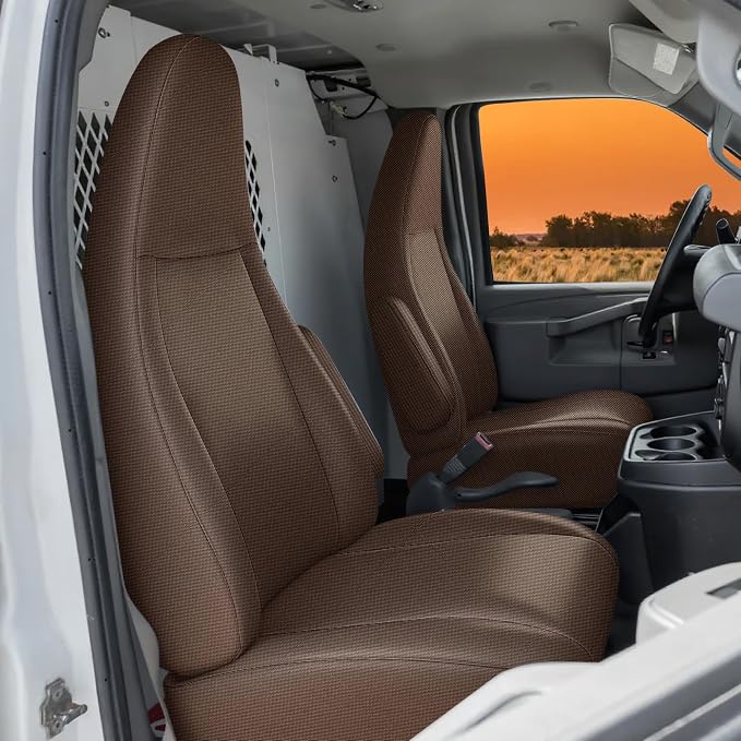 600D Heavy Duty Seat Covers for Chevy Express 1996-2025，Front Bucket Seats with Grab Handle Opening, Durable Oxford Fabric Protective Covers, Not for RV Seat-Brown