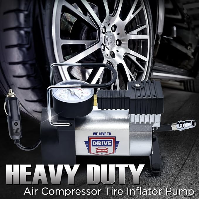 Tire Inflator Portable Air Compressor – 12V DC Air Pump for Car Tires, 150 PSI Electric Air Pump with Tyre Pressure Gauge – Corded Yellow by WE LOVE TO DRIVE