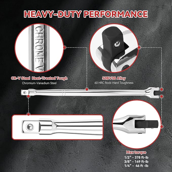 10PC Breaker Bar Set, Dual-end 3 Extension Bars, 3/8", 1/2" 1/4" Drive | 3/8", 1/2" and 1/4" Drive, 180° Rotatable Head, 6'', 10'', 15'' Length, 3 Extension Bars, Organizer Case